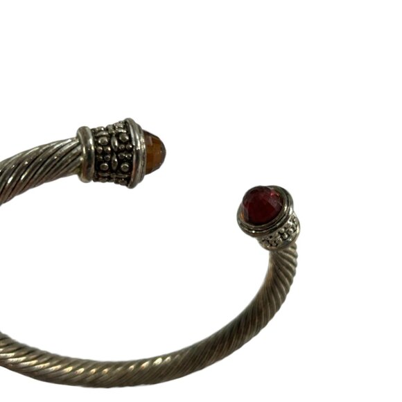 Twisted Cable Cuff Bracelet Silver Tone Open Bangle Faceted Red Imitation Stone - Picture 5 of 9